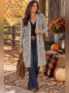 LAURA ASHLEY Black, White & Gray Open Front Long Cardigan Duster